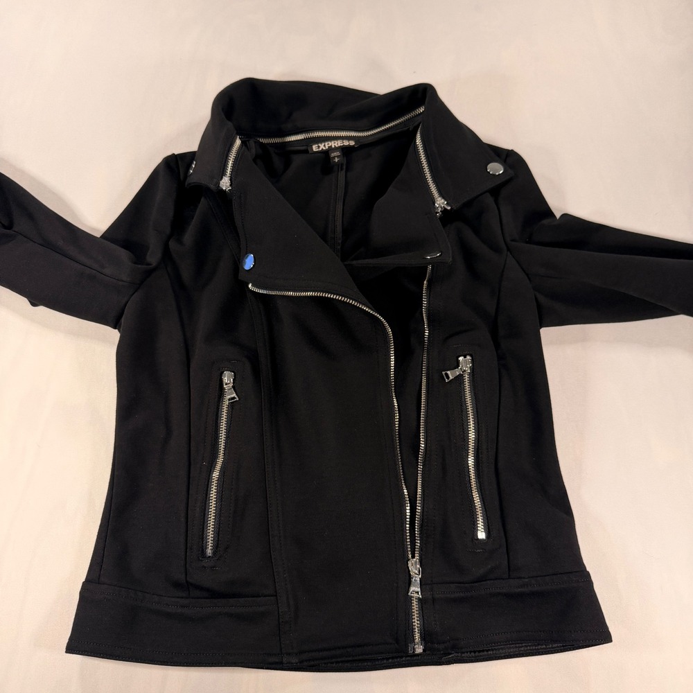 Express Moto Jacket Womens S Black Asymmetrical Zip Stretch Knit Biker Edgy